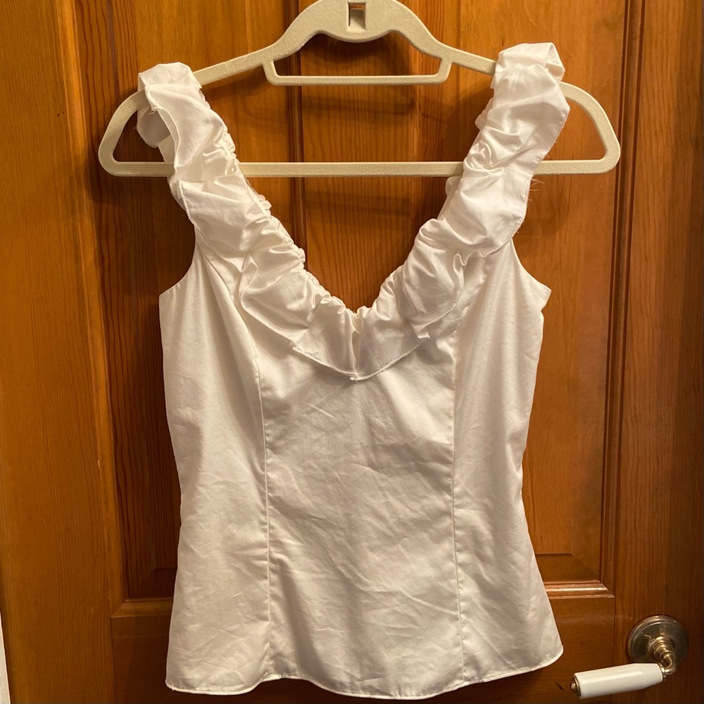 White Tank with Ruffle neckline and back Size 2